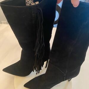 Sam Edelman Black Suede Mid-Calf Fayette Boots with Fringe
